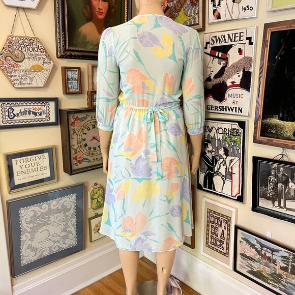 Vintage Jonathan Martin Pastel Floral Print Semi-Sheer 3/4 Sleeve Dress XL - Picture 4 of 7